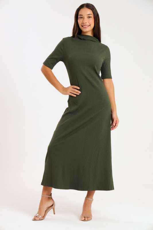 Ladies Short Sleeve Ribbed High Neck Midaxi Dress