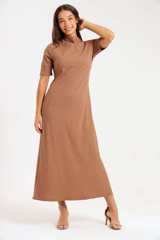 Ladies Short Sleeve Ribbed High Neck Midaxi Dress