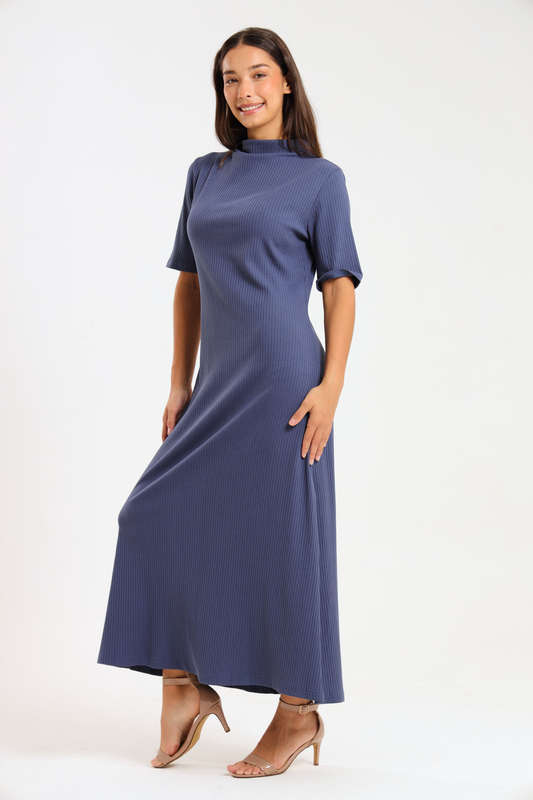 Ladies Short Sleeve Ribbed High Neck Midaxi Dress