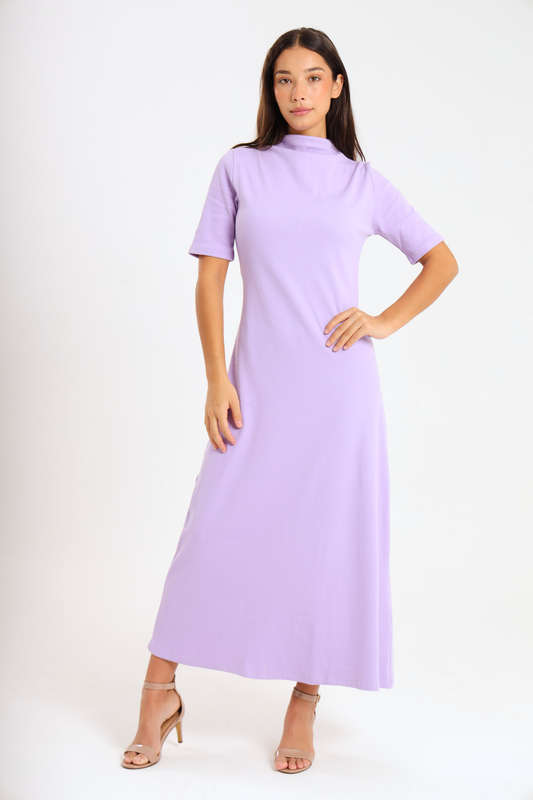 Ladies Short Sleeve Ribbed High Neck Midaxi Dress