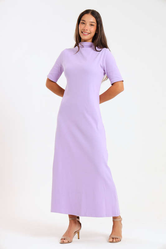 Ladies Short Sleeve Ribbed High Neck Midaxi Dress