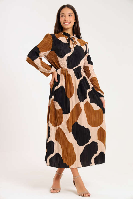 Rosa Abstract Printed Long Sleeve Midaxi Ruffle Dress