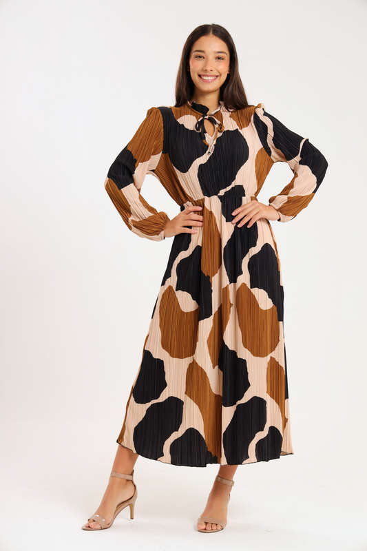 Rosa Abstract Printed Long Sleeve Midaxi Ruffle Dress