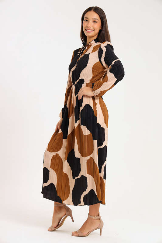 Rosa Abstract Printed Long Sleeve Midaxi Ruffle Dress