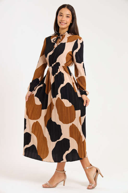 Rosa Abstract Printed Long Sleeve Midaxi Ruffle Dress