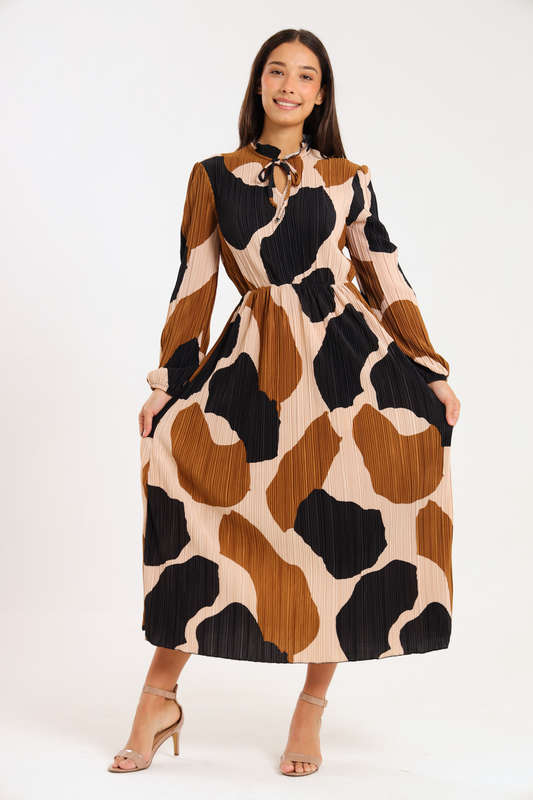Rosa Abstract Printed Long Sleeve Midaxi Ruffle Dress