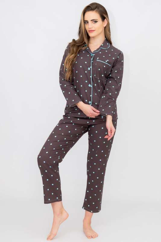 Ladies Flannel Long Sleeve Button Up Pyjama Set