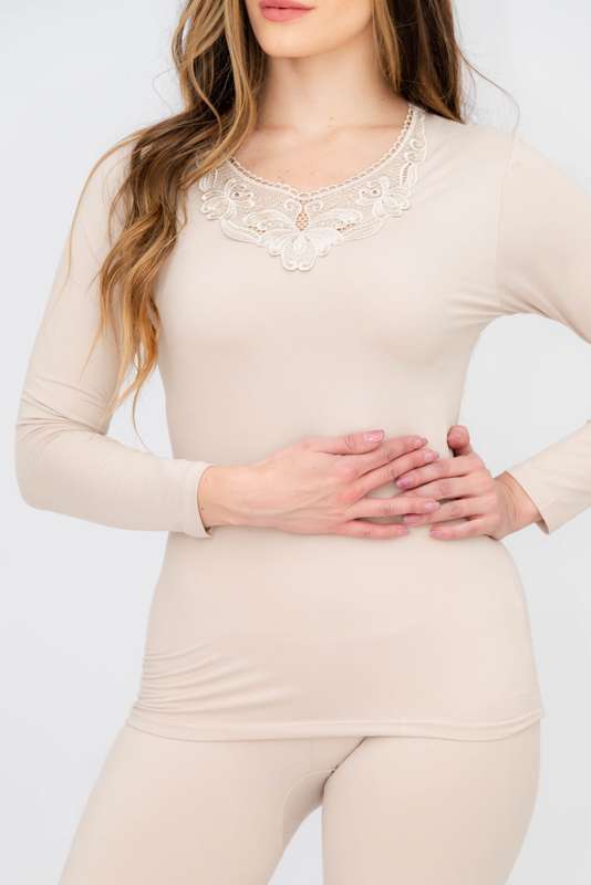 Ladies Elegant Lace Collar Thermal Silk Cotton Underwear Pyjama Spencer Set