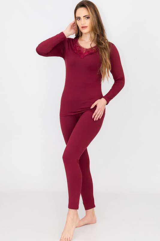 Ladies Elegant Lace Collar Thermal Silk Cotton Underwear Pyjama Spencer Set
