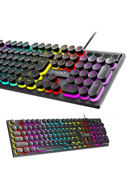 T-WOLF T80 Punk Retro Rainbow Gaming Wired Keyboard