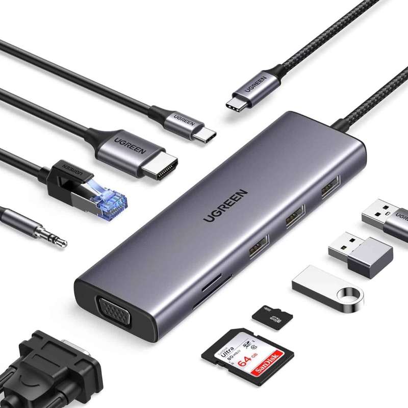 UGREEN 9-in-1 Type-C Hub - SILVER | 3&#xD7; USB 3.0, 4K HDMI, VGA, RJ45 Gigabit, SD/TF, PD Chargi...