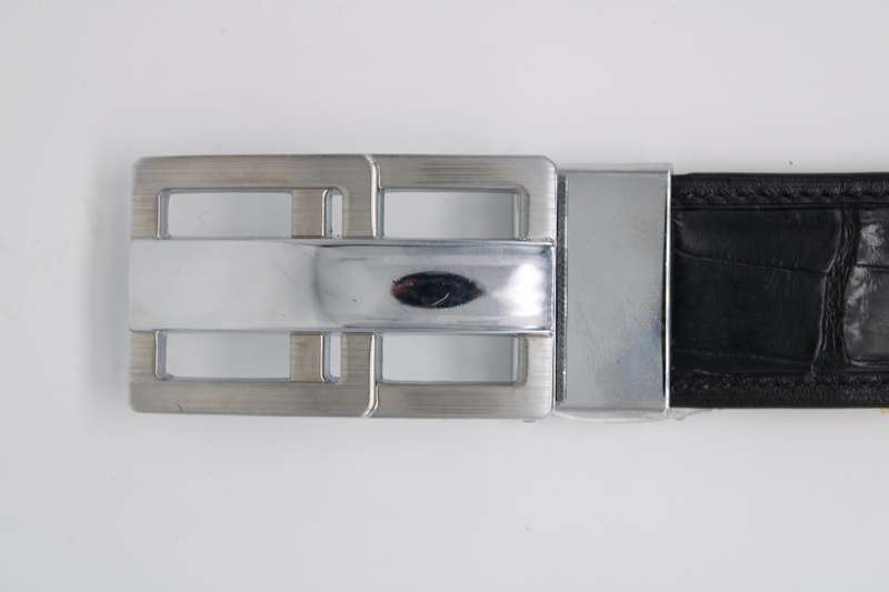 Silver Geometric Pin Buckle with Crocodile Belly Leather Belt  Luxury Design