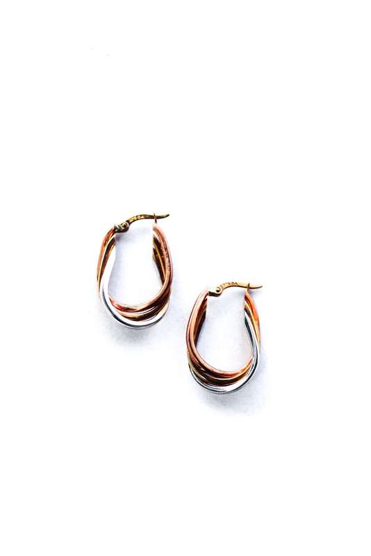 9ct Rose, Yellow & White Gold Triple Hoop earrings.