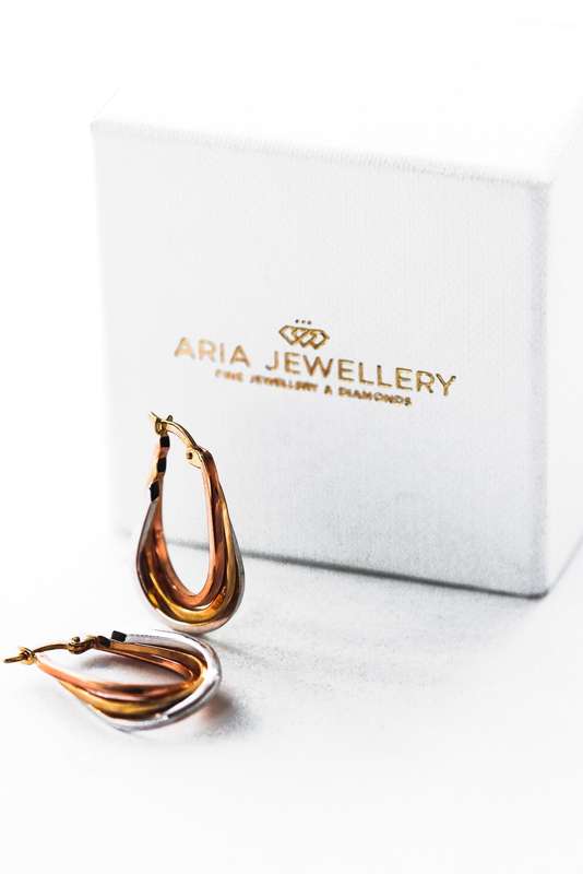 9ct Rose, Yellow & White Gold Triple Hoop earrings.