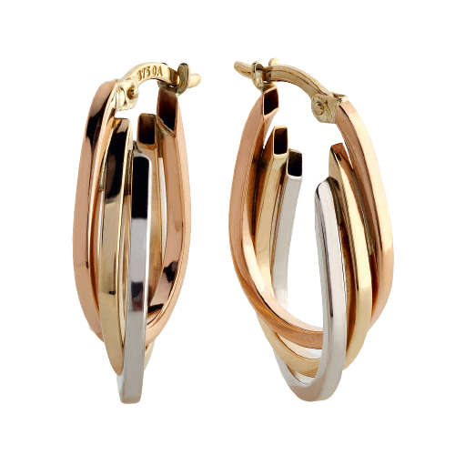 9ct Rose, Yellow & White Gold Triple Hoop earrings.