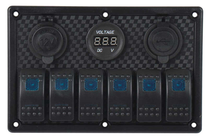 Switch Panel - 6 Gang - Cigarette Lighter Socket + USB + Volt Meter