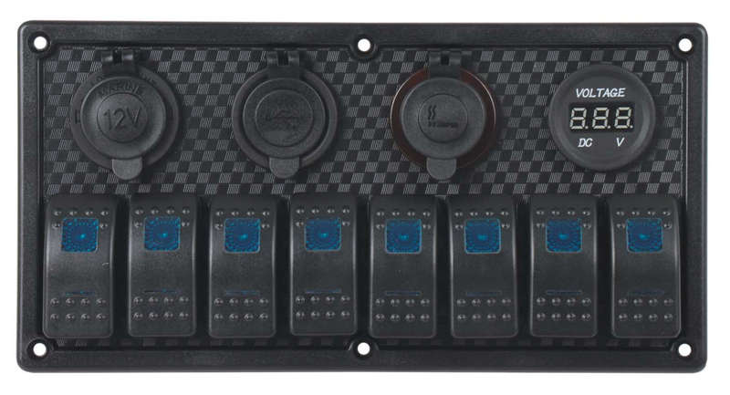 Switch Panel - 8 Gang - Cigarette Lighter Socket + USB + Volt Meter