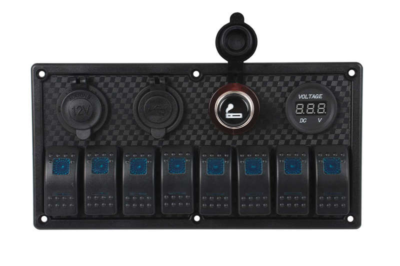 Switch Panel - 8 Gang - Cigarette Lighter Socket + USB + Volt Meter
