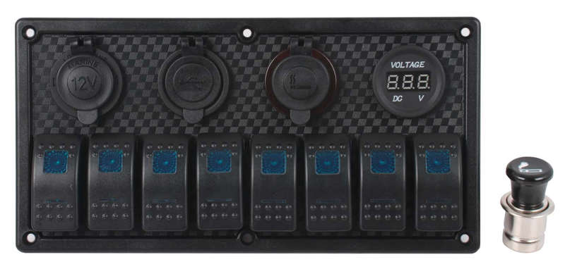 Switch Panel - 8 Gang - Cigarette Lighter Socket + USB + Volt Meter
