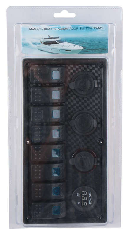 Switch Panel - 8 Gang - Cigarette Lighter Socket + USB + Volt Meter