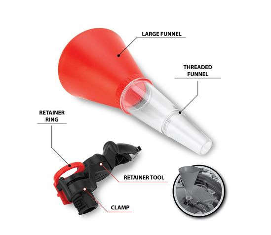 Universal Oil Funnel with Adjustable Width Holding Clamp