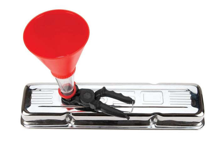 Universal Oil Funnel with Adjustable Width Holding Clamp