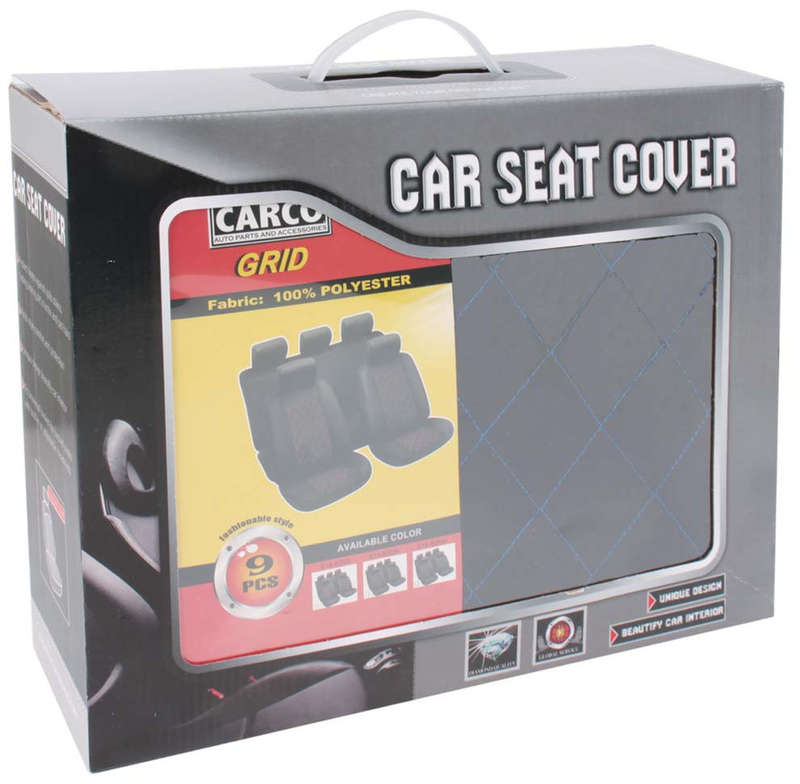 9 Piece GRID Seat Cover Set - Blue and Black
