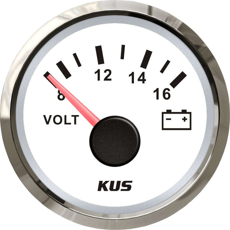 Kus Volt Gauge - 12V - 52mm - White Face with Silver Bezel