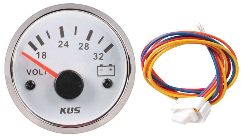 Kus Volt Gauge - 24V - 52mm - White Face with Silver Bezel