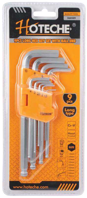 9 Piece Long Arm Allen (Hex) Key Set with Ball Ends