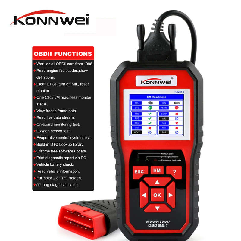 Konnwei KW850 | OBDII & CAN Diagnostic Scan Tool (Fault Codes Read/Clear, Live Data, Code Library)