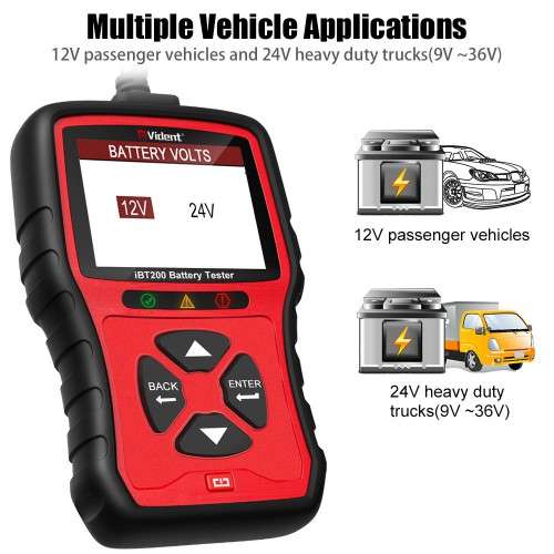 Vident iBT200 |  9V/12V/24V Car & Truck Battery Tester (100 to 2000CCA / VRLA, GEL, AGM, SLA)