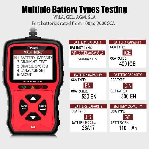 Vident iBT200 |  9V/12V/24V Car & Truck Battery Tester (100 to 2000CCA / VRLA, GEL, AGM, SLA)