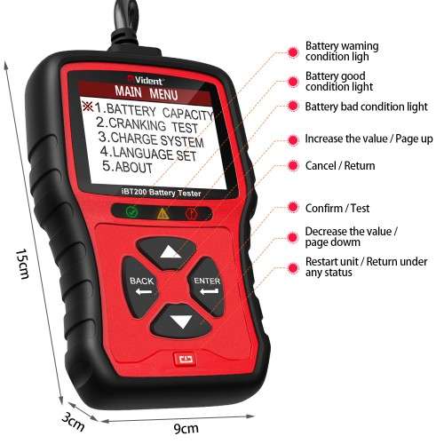 Vident iBT200 |  9V/12V/24V Car & Truck Battery Tester (100 to 2000CCA / VRLA, GEL, AGM, SLA)
