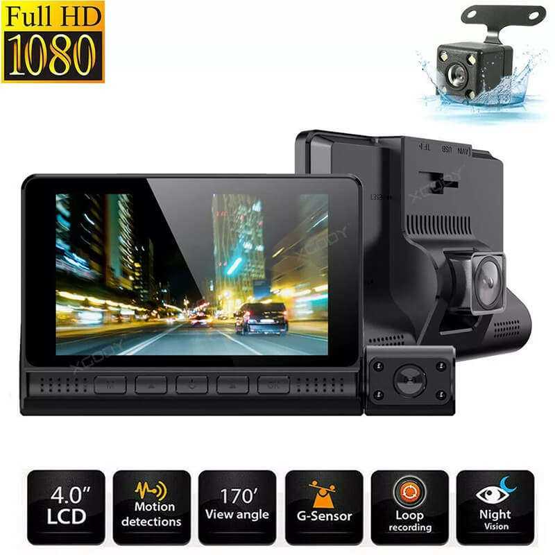 Car Dash Cam 1080P | 3 Cameras (Front, Inside & Rear) | G-sensor | Reverse Park Camera