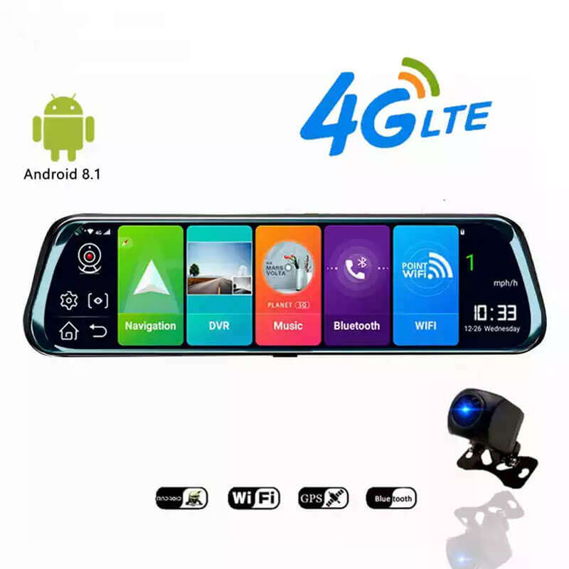Car Rear View Mirror Bluetooth & Reverse Park Camera | 10 inch HD Touch Screen | GPS | WiFi | 4G
