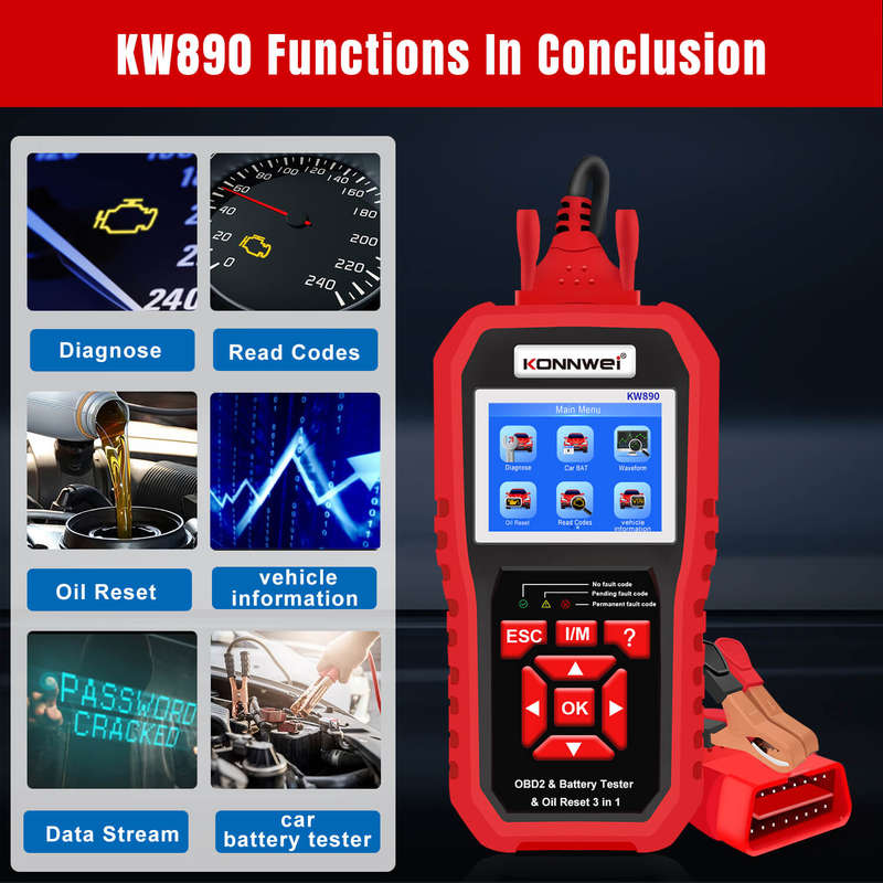 Konnwei KW890 OBDII Car Diagnostic Tool | Battery Tester | Oil Service Light Reset 3-in-1