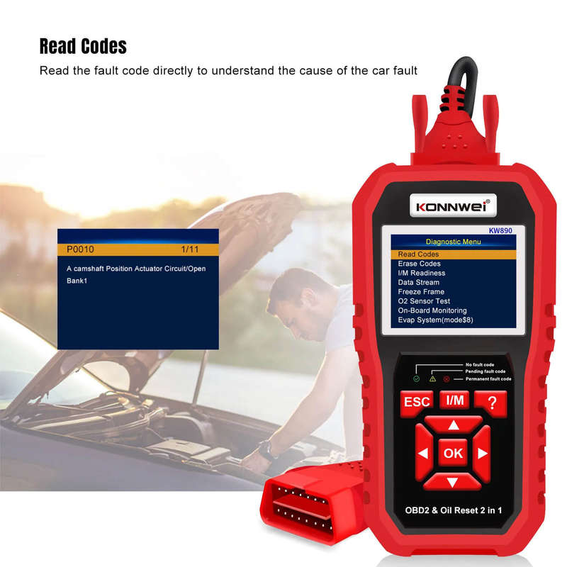 Konnwei KW890 OBDII Car Diagnostic Tool | Battery Tester | Oil Service Light Reset 3-in-1