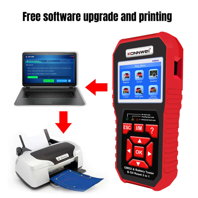 Konnwei KW890 OBDII Car Diagnostic Tool | Battery Tester | Oil Service Light Reset 3-in-1