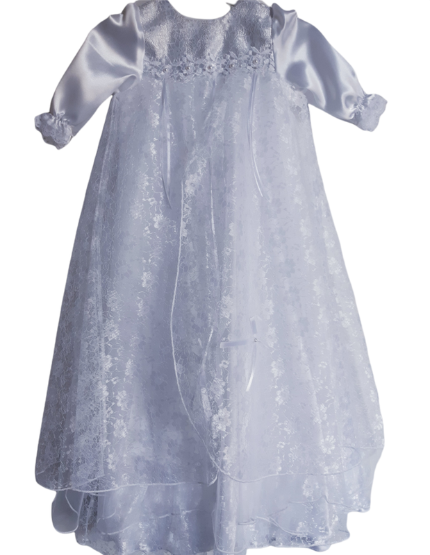 Christening Girls Long winter dress with satin, chiffon and lace overlays
