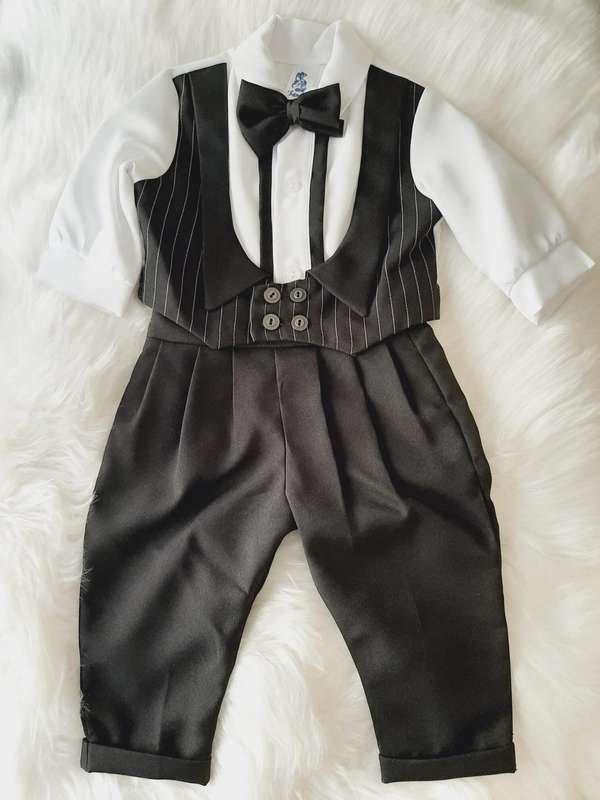 Christening Boys Black pinstripe waistcoat, white cotton shirt with white cuffs
