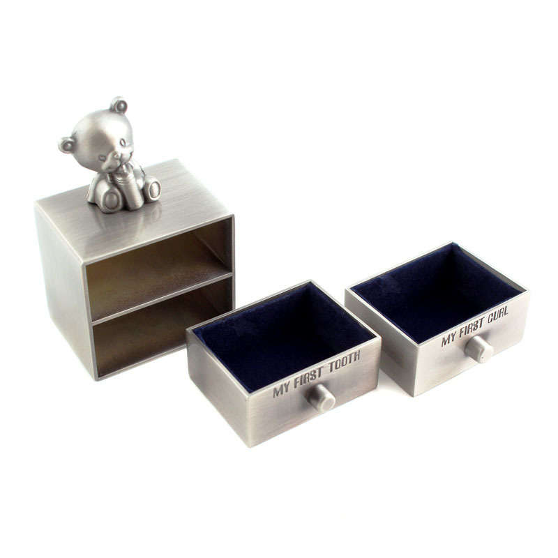 Silver Teddy Drawers Christening Gift - First Tooth and Curl