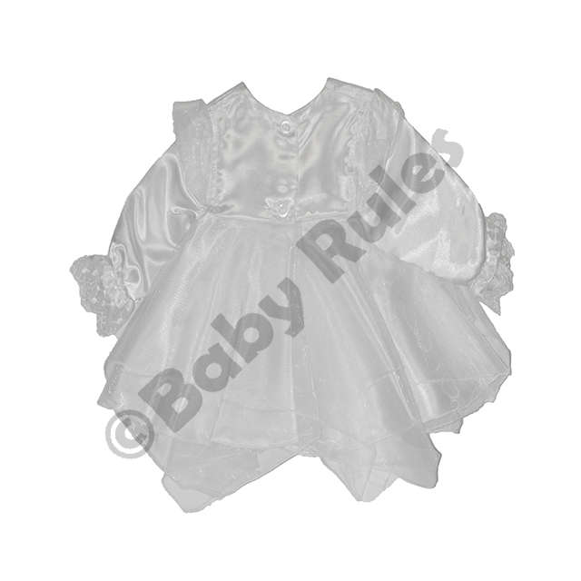 Christening Girls White satin and chiffon with white flower with silver trim