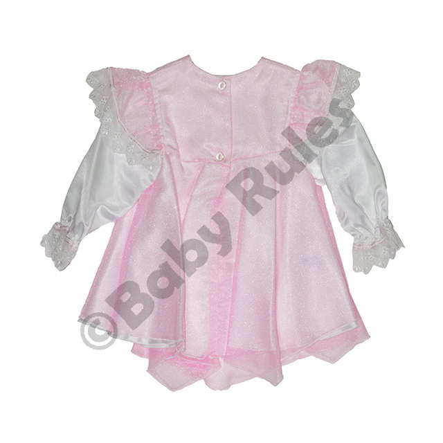 Christening Girls Pink Satin with pink chiffon overlay, pink flowers and ribbons