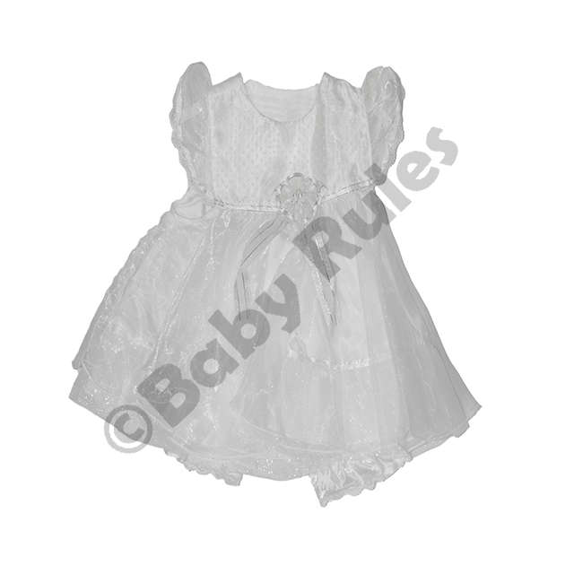 Christening Girls White pantaloon set with satin and chiffon overlay, glitter top