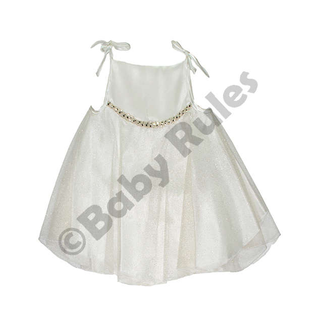 Christening Girls Cream Dress With Gold Overlay and Glitter Trim