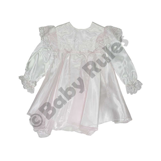 Christening Girls Dress with pantaloons  white with pink overlay and bows