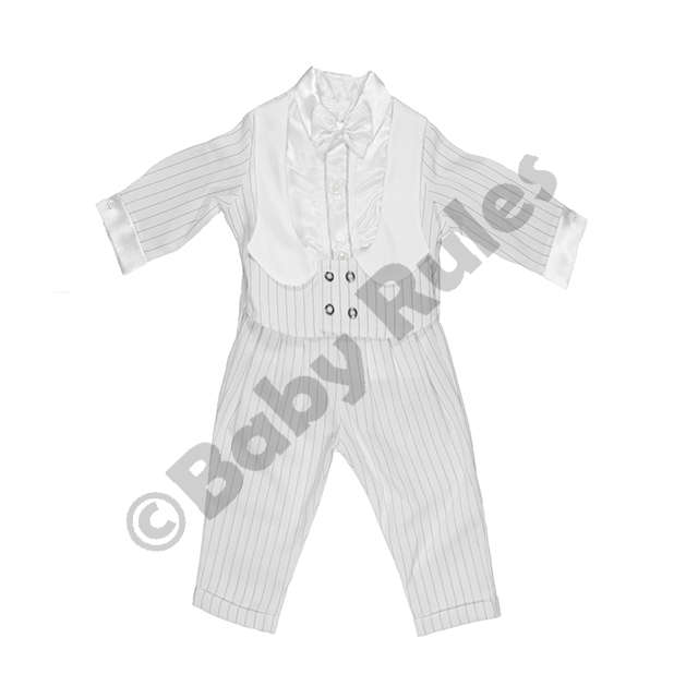 Christening Boys White pinstripe suit, waistcoat with white lapels - 12-18-months