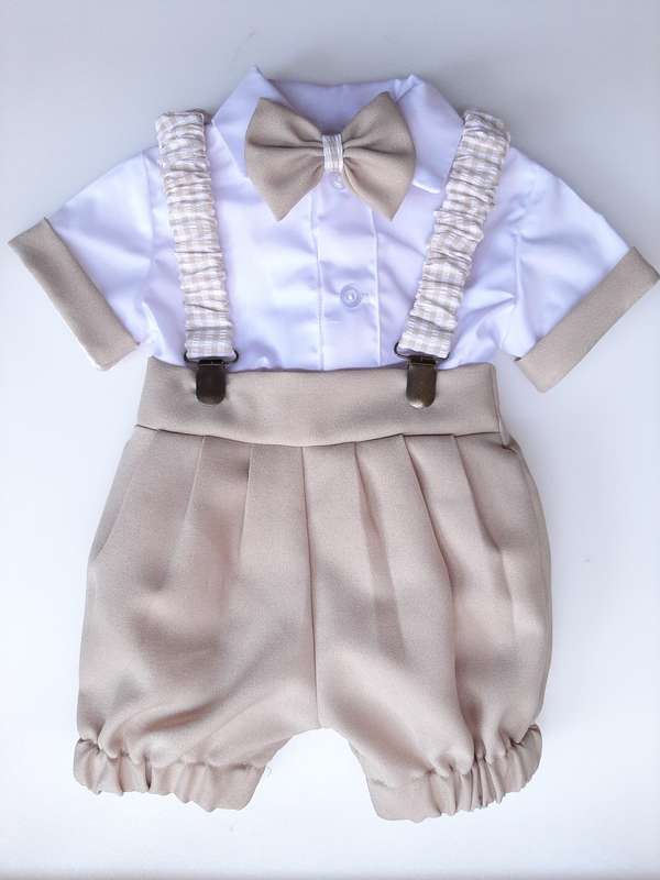 Christening Boys Beige pants, braces with silver clips; white cotton shirt with edging and bowtie