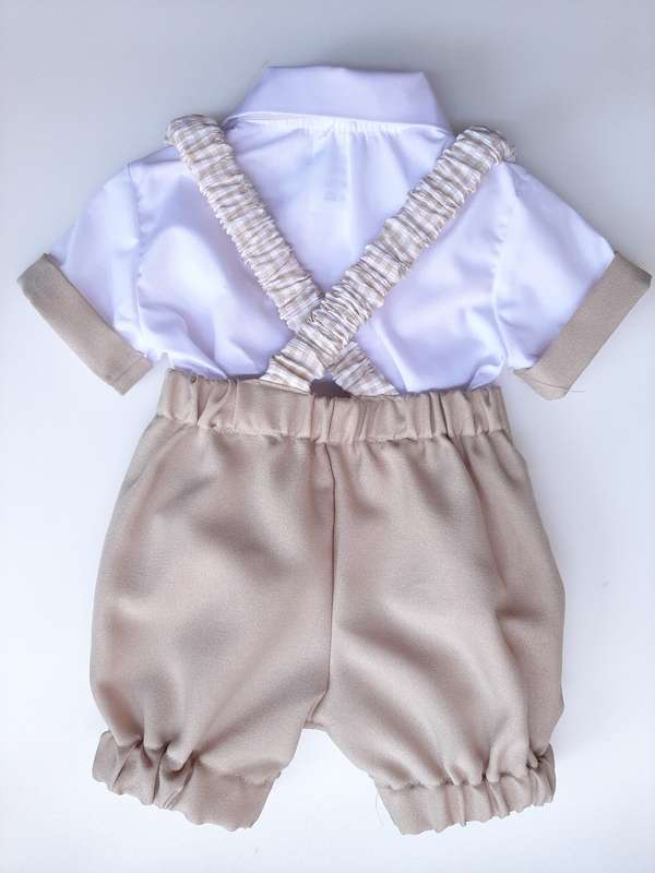 Christening Boys Beige pants, braces with silver clips; white cotton shirt with edging and bowtie